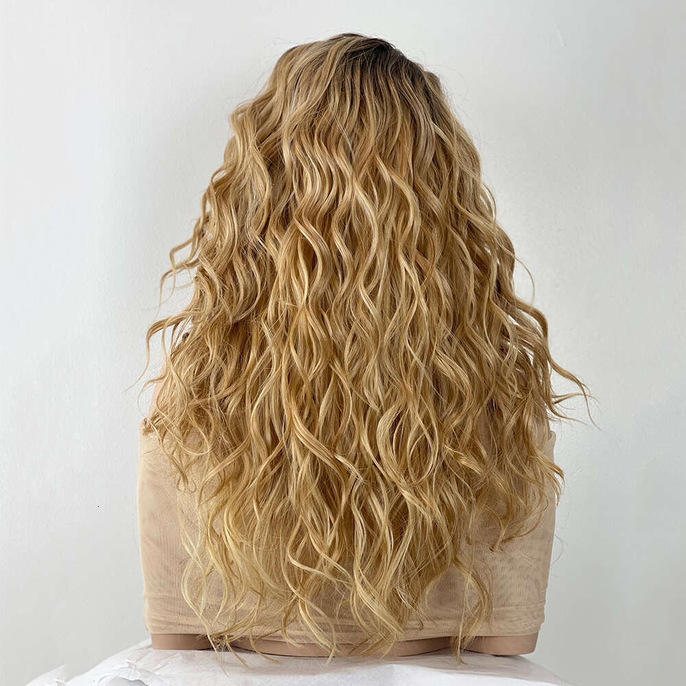 Honey Blonde Rooty Ombre Curly Synthetic Lace Front Heat Resistant Human Hair Blend Wig Middle Parting Daily Use