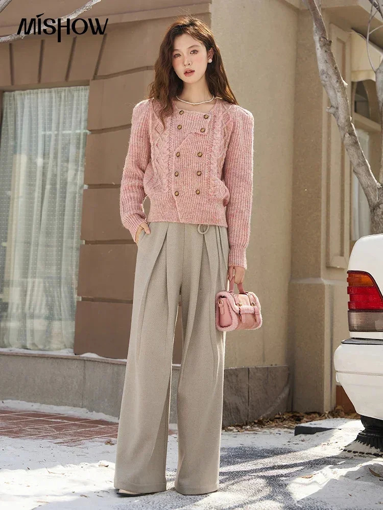 Mishhow wool blend cardigan womens autumn and winter loose round neck sweater double chest jumper MXC55Z0397 240906
