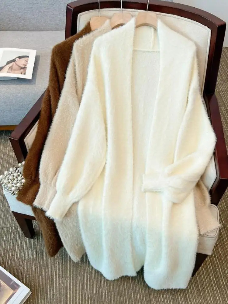 Korean Fashion Brown Mink Sweater Cardigan Coat Women Autumn Beige Loose Soft Top White Long Knitted Jacket Simple 240904