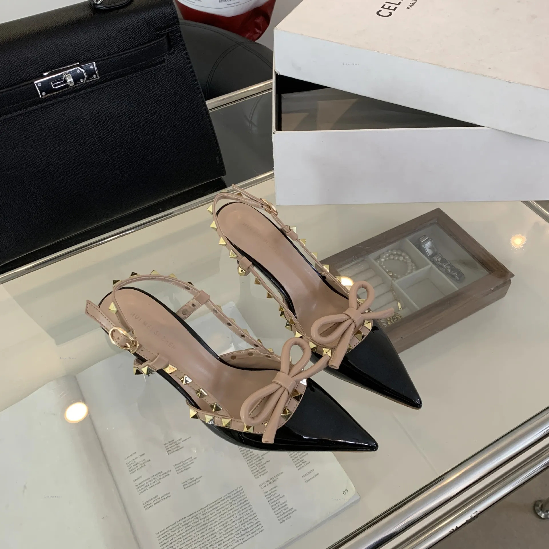 2024 New Pointed Free Shipping High Heels French Socialite Style Rivet Bow Toe Women's Singles Shoes