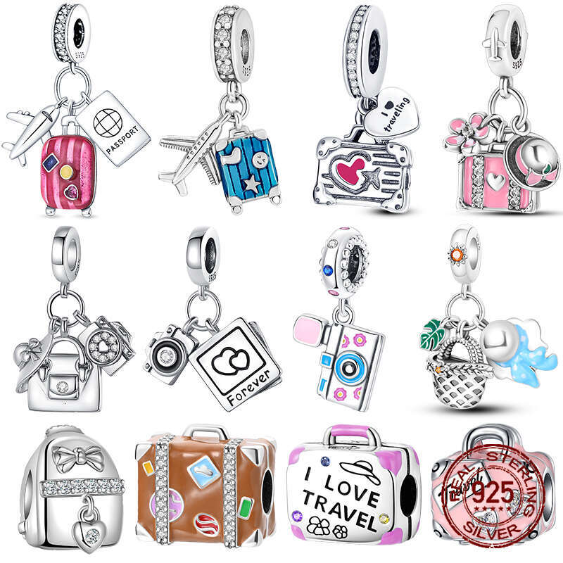 Sterling Silver Travel theme suitcase camera bag pendant Beads Charms Fit Original Bracelets Women DIY Jewelry Gift