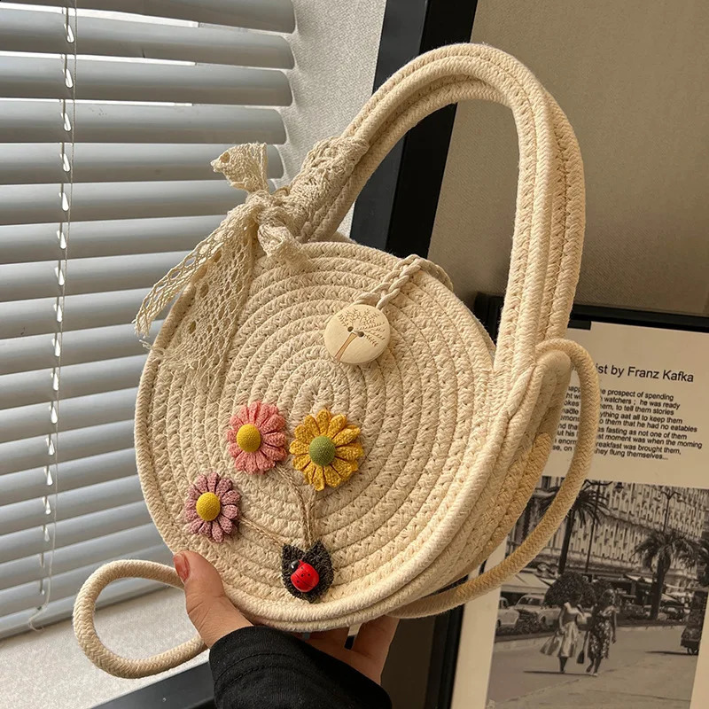 Cotton rope round grass beach bag retro handmade woven shoulder cross body Bohemian summer vacation leisure 240913