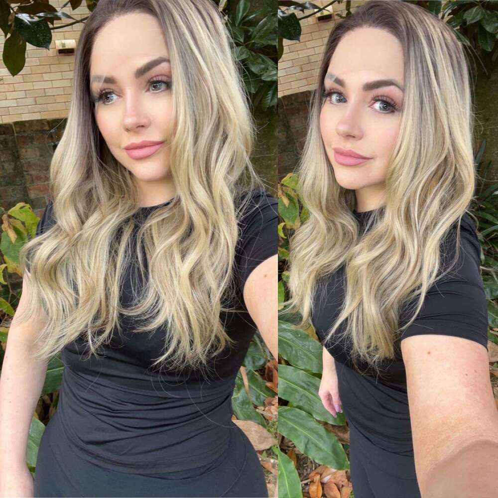 Dark Ash Brown Colored Synthetic Wigs Ombre Human Hair Mixed Lace Front For Women Daily Use Heat Resistant Long Wavy Wig
