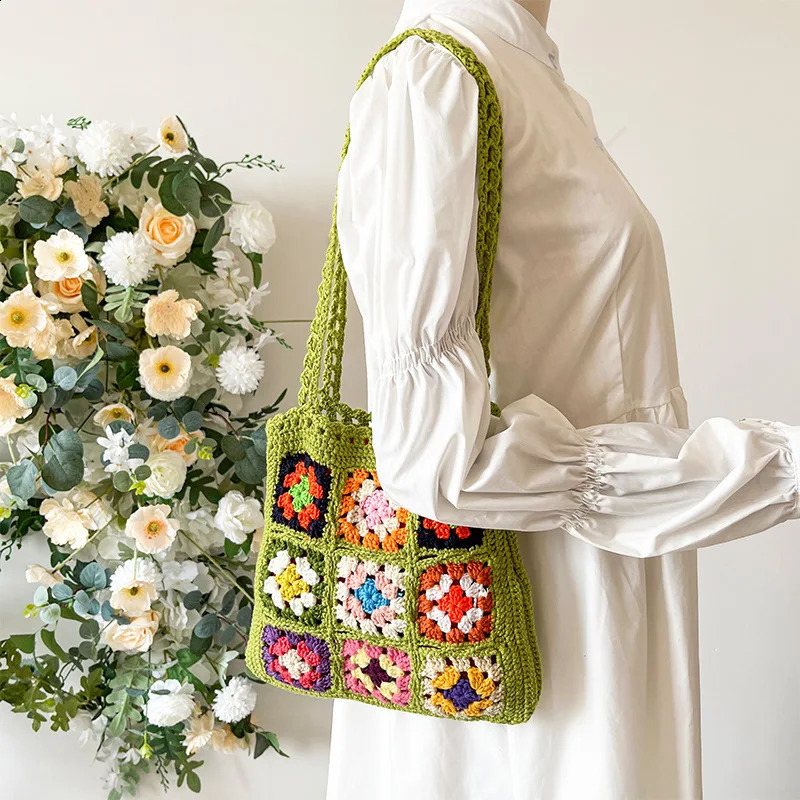 Bohemain Crochet Womens Shoulder Bag Grandma Square Handbag Casual Knitted Hand Woven Summer Beach Small Wallet 240913