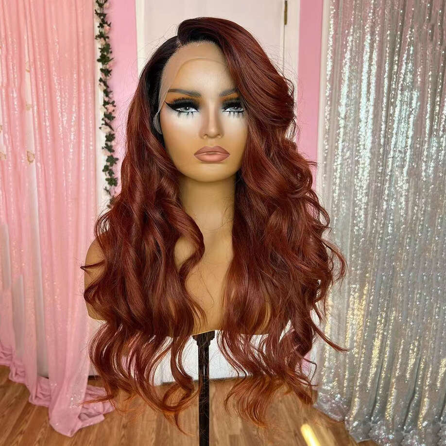 AIMEYA Copper Red Body Wave Black Roots Synthetic Lace Front Side Part Natural Haire Hair Daily Use Cosplay Wig