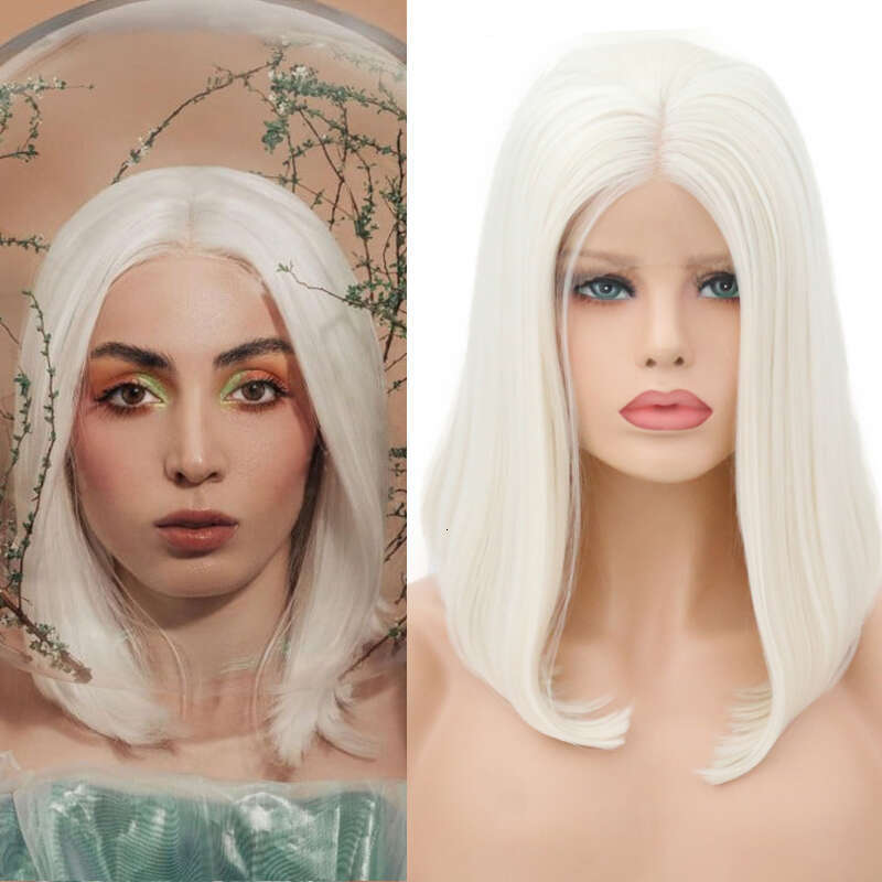 New In White Bob For Women Synthetic 60# Platinum Blonde Middle Part Short Lace Front Wig Heat Resistant Soft Fiber Cosplay
