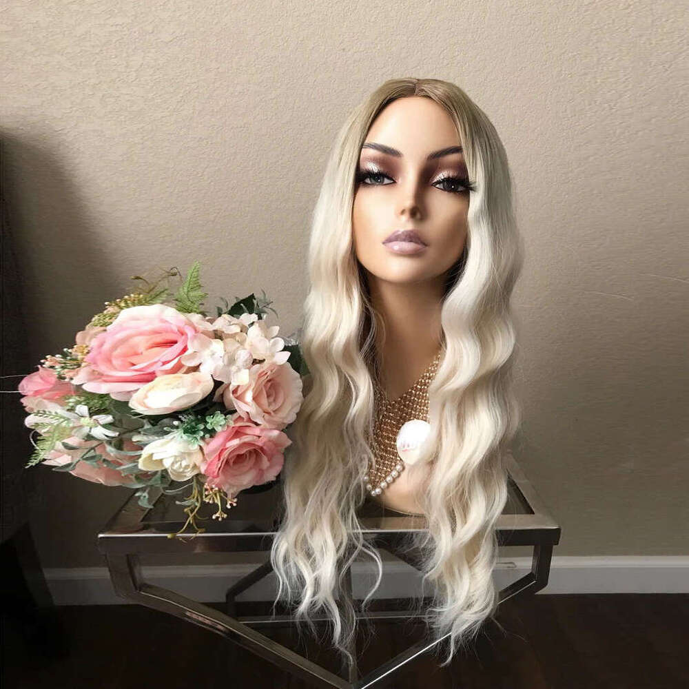 26'' Ombre Platinum Blonde Loose Wave Heat Resistant Synthetic Lace Front Wig For Women 10% Mixed Human Hair Wigs Dailly