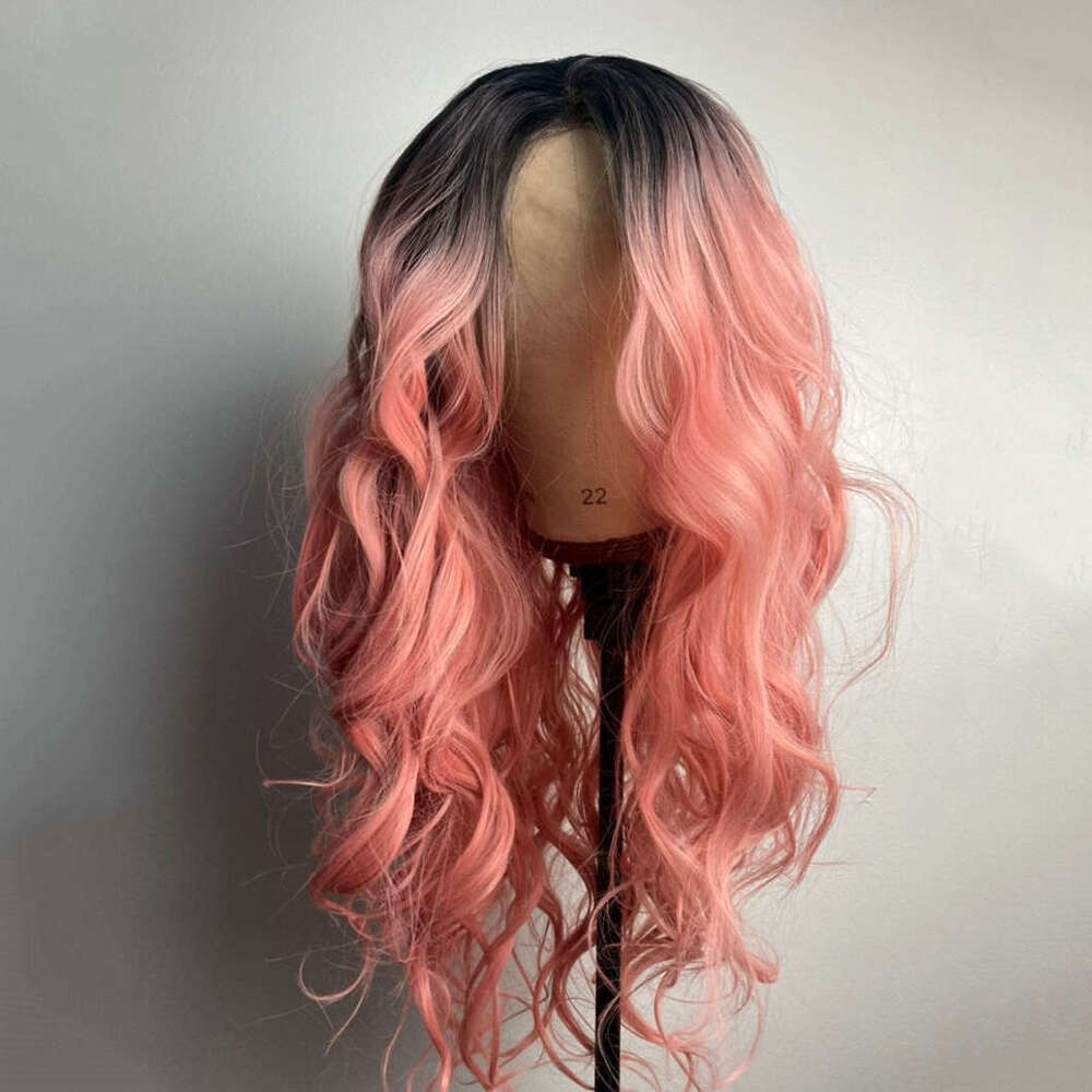 Black Root Peach Synthetic Lace Front 10% Human Pastel Pink Long Wavy Hair Wig For Women Cosplay Drag