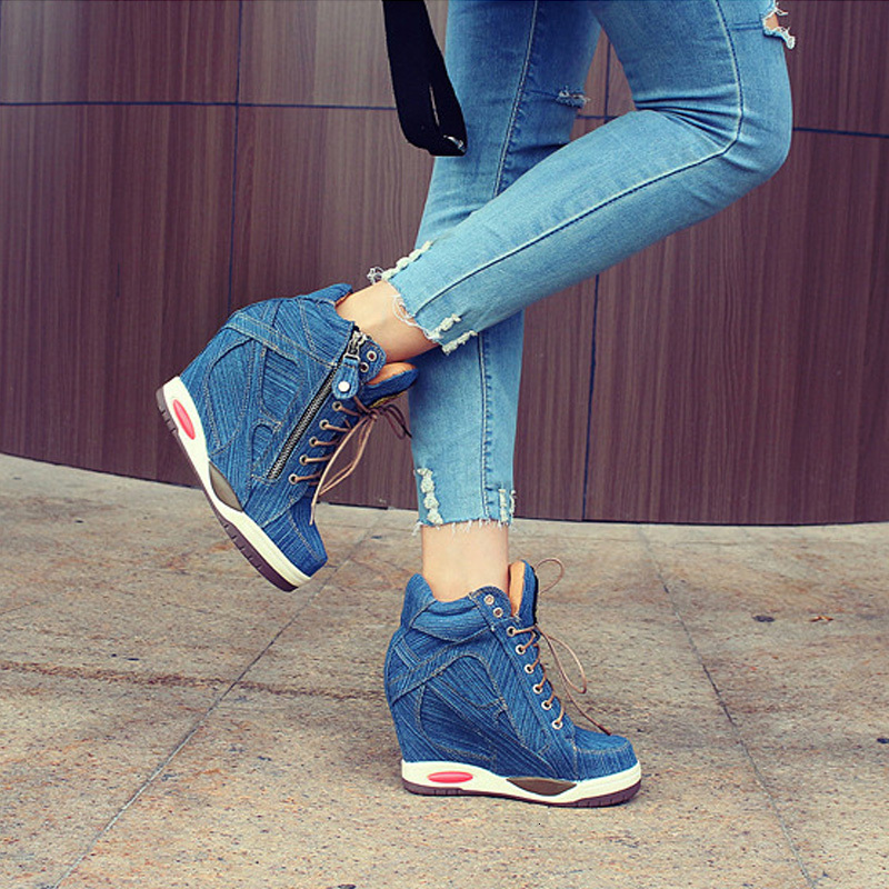 Women's Denim Wedges high top sneakers Platform Casual Fashion Woman Zipper Vulcanized Shoes Thick Bottom Big Size 41