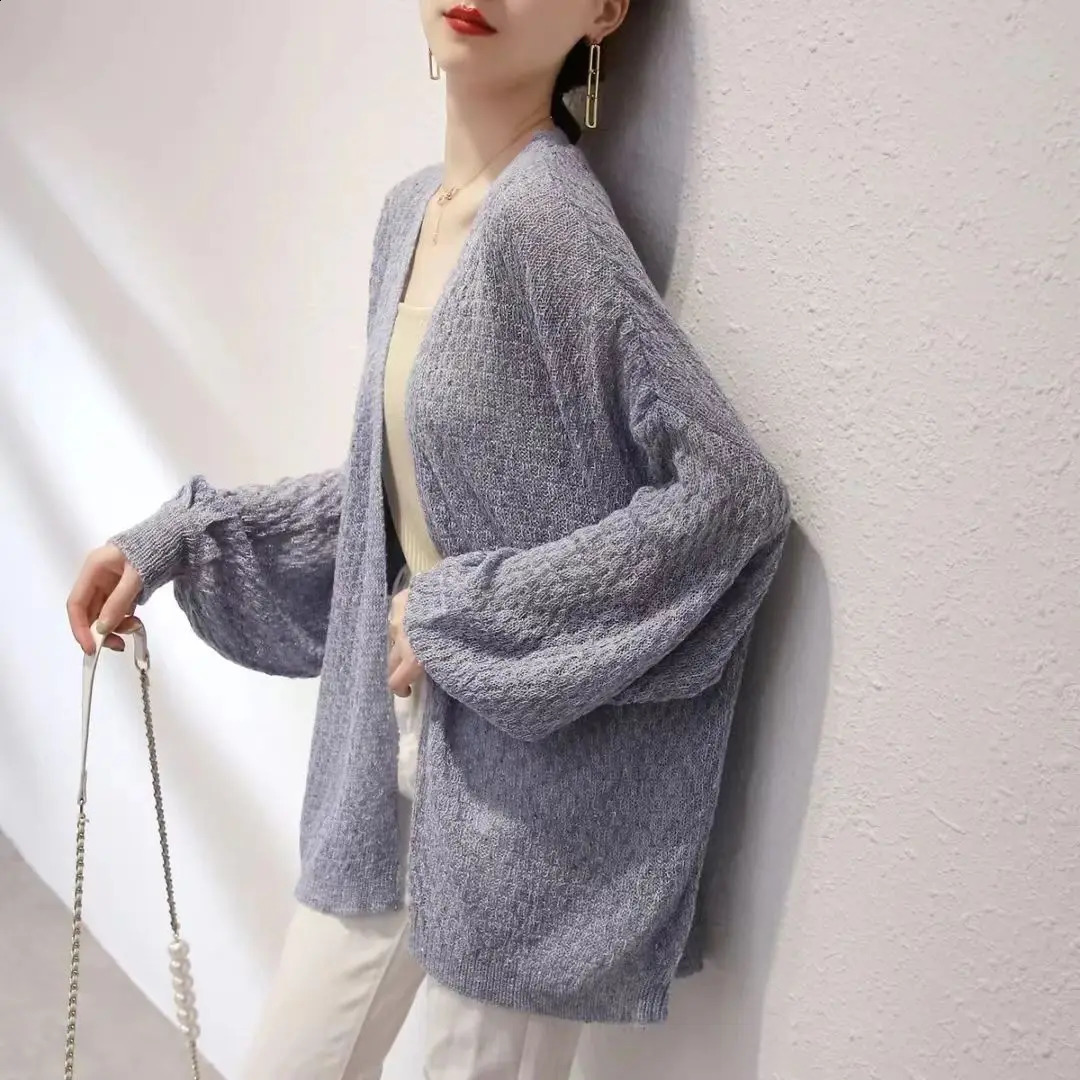 Sunscreen Thin Knitted Cardigan Summer Womens Fashion Loose Korean Version Lazy Lantern Sleeve Outer Outfit 240904