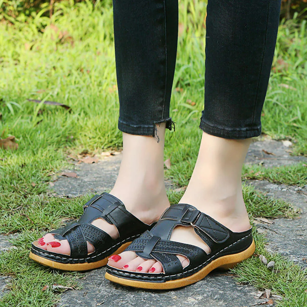 Sole Hollow Thick For Women's Large Casual One Step Pedal Sewn Slope Heel Stripe Cool Slippers