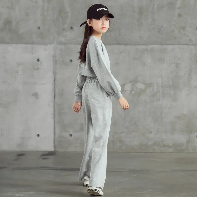 Winter Childrens Track and Field Clothing Childrens Clothing Casual Crop Top T-shirtWide Leg Pants Set Youth 7 8 to 10 12 Years Old 240913