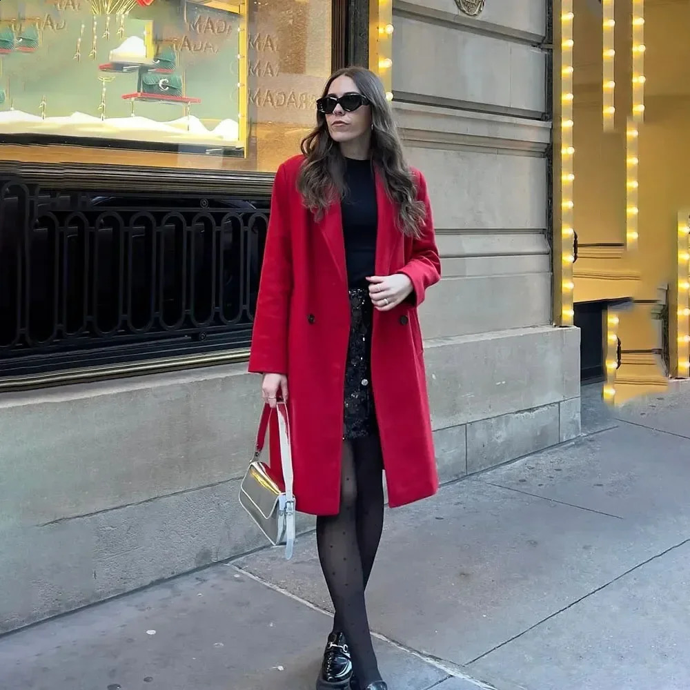 2024 Winter Thickened Womens Fashion Blended Long Coat Button Retro sleeved Loose Wool Style 240905
