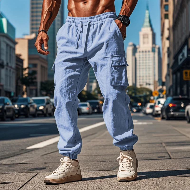 Autumn Daily Casual Breathable Cotton Pants Men Streetwear Fashion Multi Pockets Cargo Pants Vintage Mens Solid Color Pants 240913