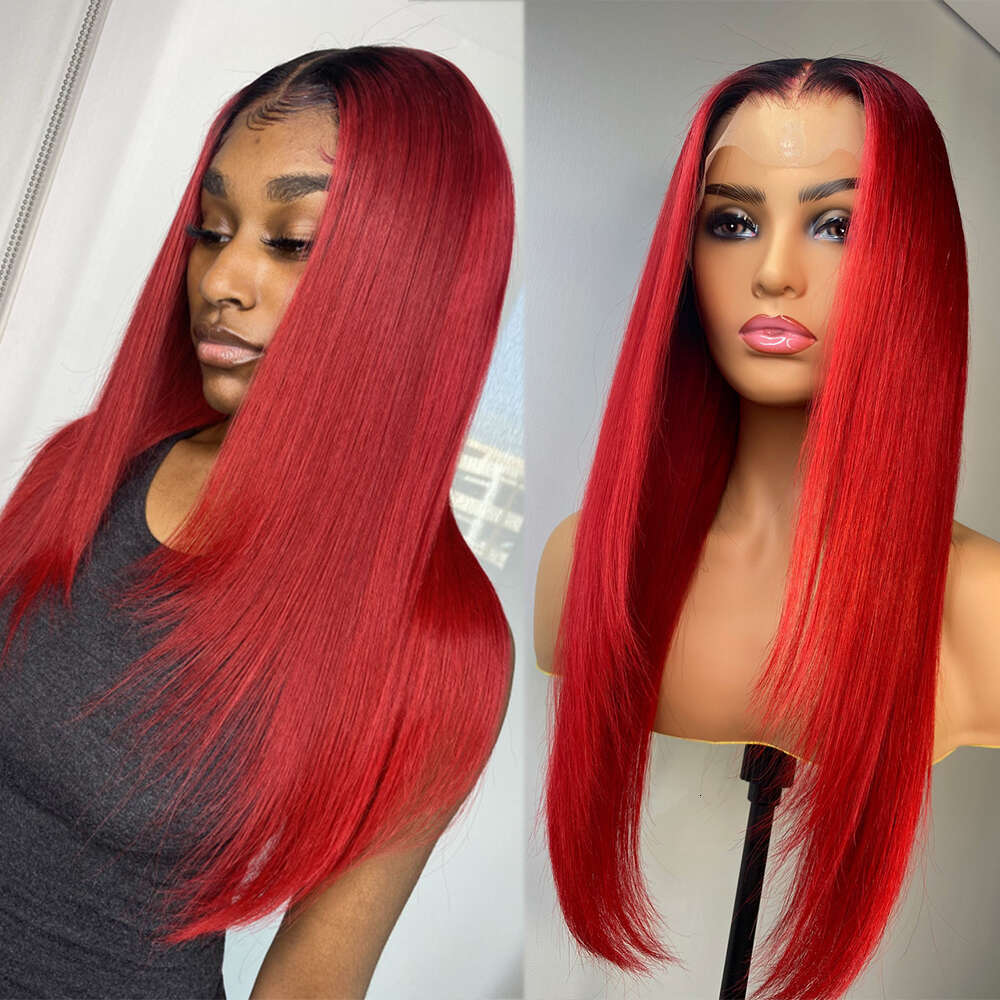 Custom Colored Red With Dark Roots Synthetic Human Hair Blend Straight Wig Transparent Lace 150% Daily/Party Use Heat Resistant