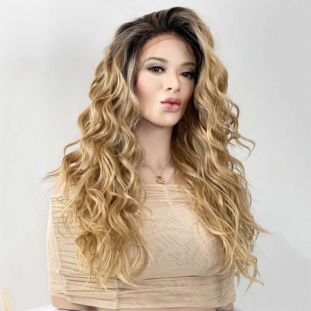 Honey Blonde Rooty Ombre Curly Synthetic Lace Front Heat Resistant Human Hair Blend Wig Middle Parting Daily Use