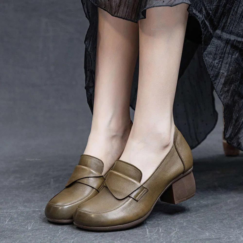 Autumn New 2023 Women's Four Seasons Single Thick Middle Heel Bottom Wash Hair Layer Soft Cowhide Wind Lefu Shoes