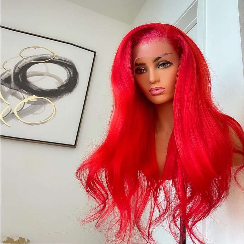 Red Cosplay Body Wave Synthetic Lace Front Wig For Women Heat Resistant Long Wavy Wigs 10% Human Hair Natural Haire