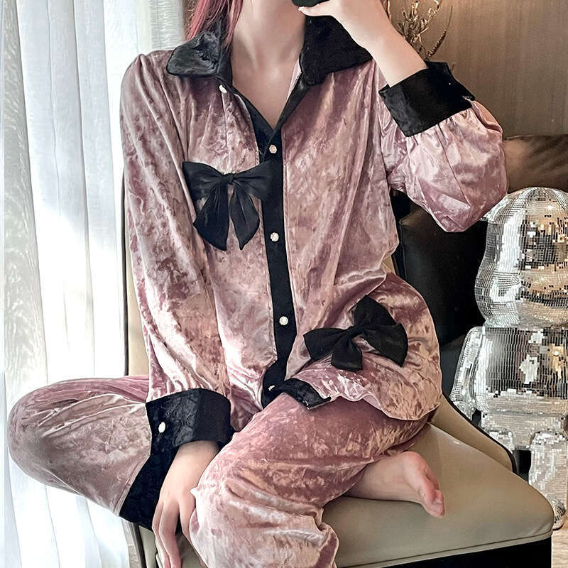 Women Veet Long Sleeve 2Pcs Pamas Set Nightwear Loose Lounge Wear Home Clothes Autumn Winter New Sleepwear Pyjama Pour Femme