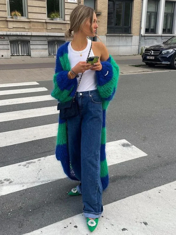 Chic Striped Knit Long Coat Women Lantern Sleeve Thicken Warm Cardigan Jacket Winter Fashion Female Street Outwears 240904