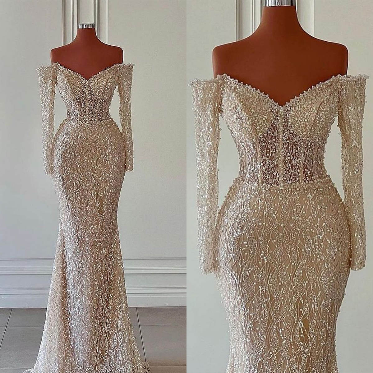 Sparkly Mermaid Wedding Dress Appliques Sequins Off Shoulder Long Sleeve Bride Gowns Sweep Train Bridal Dresses Custom Made