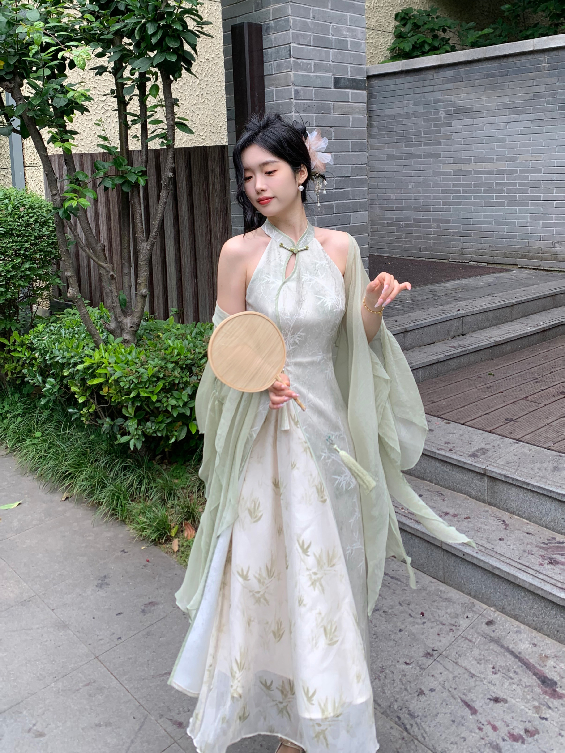 Blovelan Hanfu Style Cheongsam Dress - Bamboo Shadows Jacquard Print, Chinese Traditional Halter Neck Qipao