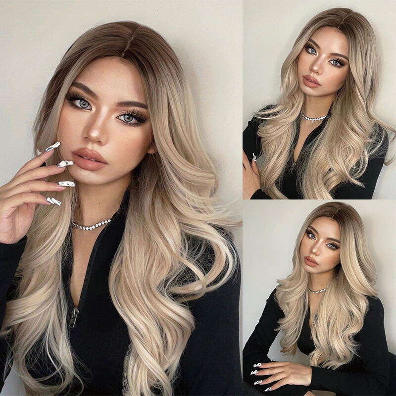 Synthetic Long Wavy Lace Front Wig Ombre Brown Light Blonde Human Hair Wigs 10% Mixed Cosplay Daily Heat Resistant For Women
