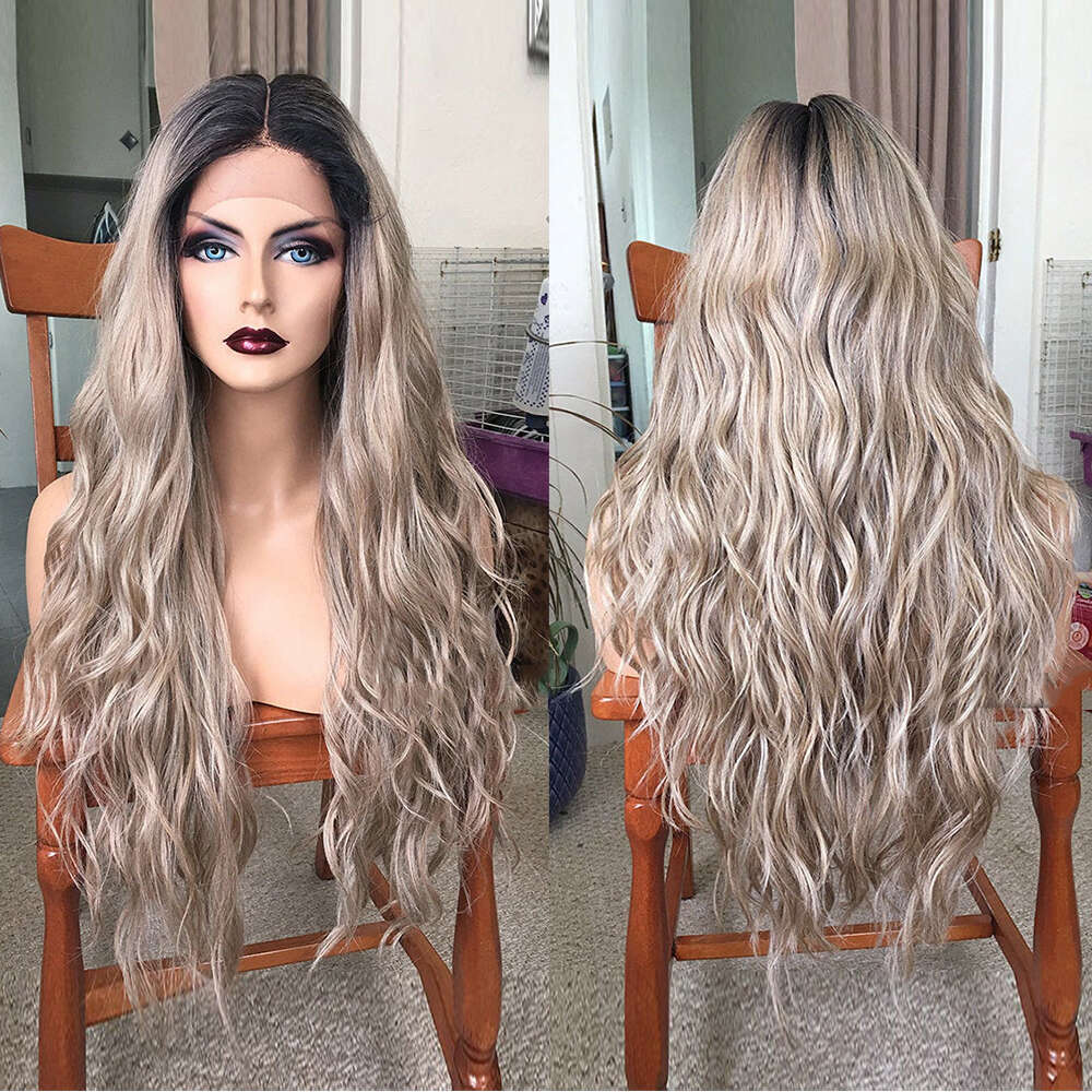 Dark Mixed Human Hair Lace Front Wig With Ombre Brown Roots Blonde Highlights 24" Long Wavy Synthetic Wigs Heat Resistant