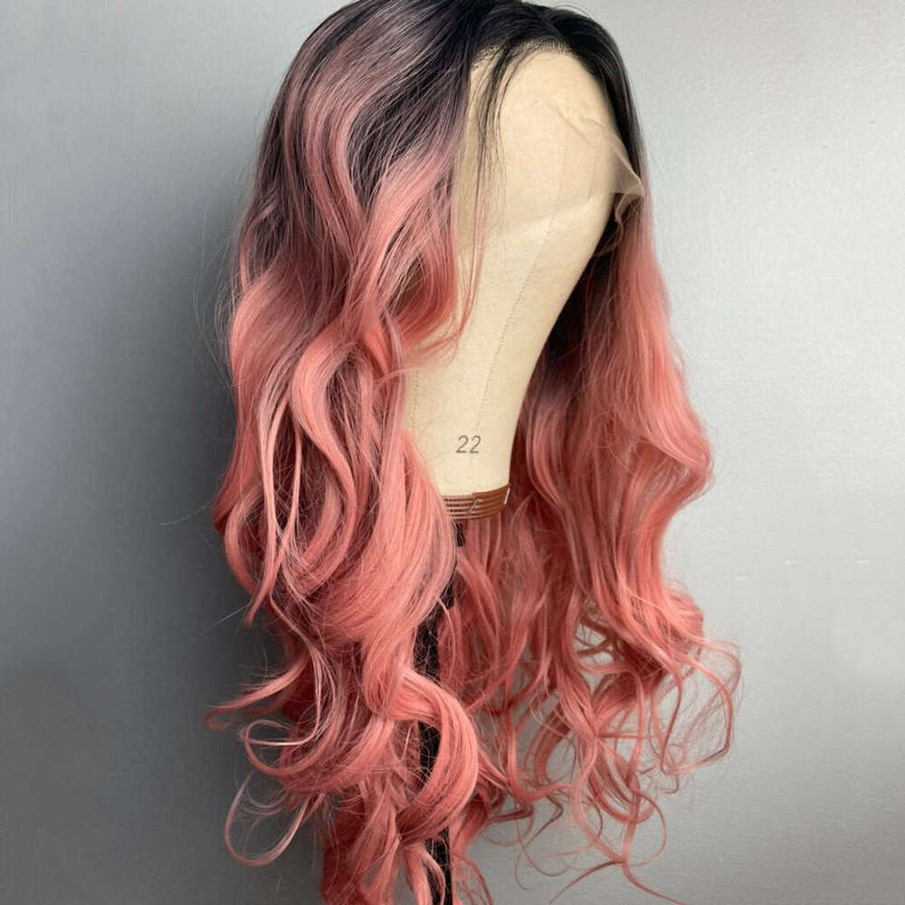 Black Root Peach Synthetic Lace Front 10% Human Pastel Pink Long Wavy Hair Wig For Women Cosplay Drag