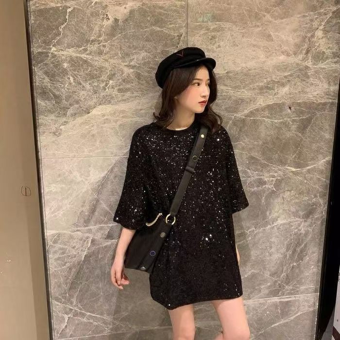 Korean version of spring and summer long bf wind loose half sleeve sequins thick designer T-shirt shirt shiny loose dress.