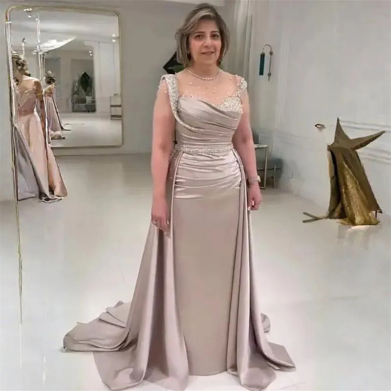 Elegant Mother Of The Bride Dresses Pleats Beaded Capped Sleeves Satin Long Wedding Party Dress With Detachable Skirt Champagne Evening Formal Gown Fo