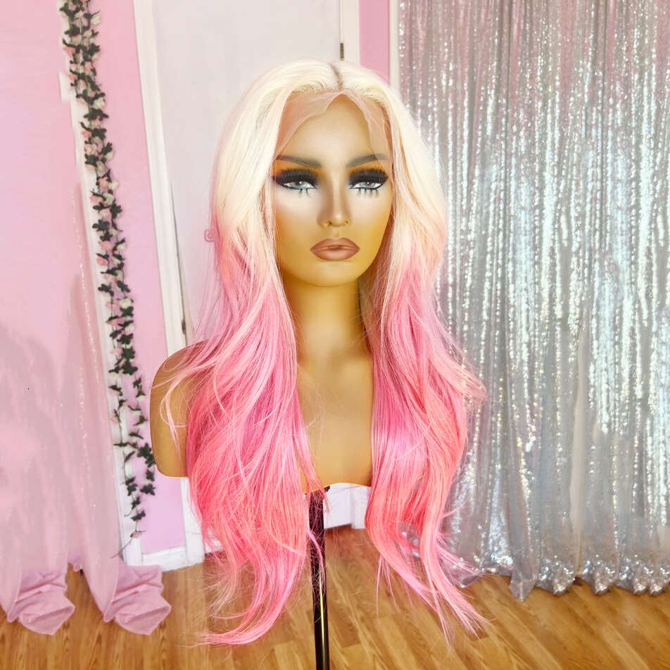 AIMEYA Ombre Platinum To Long Natural Wave Synthetic Lace Front Loose Curly Blonde Pink Wig Light Roots