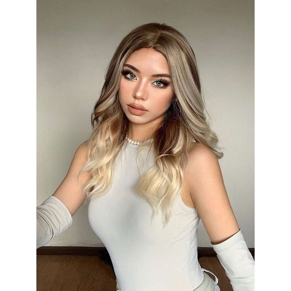 Highlight Synthetic Lace Front Dark Ash Blonde Layered Wavy Wig Human Hair Wigs 10% Mixed Heat Resistant Daily Cosplay