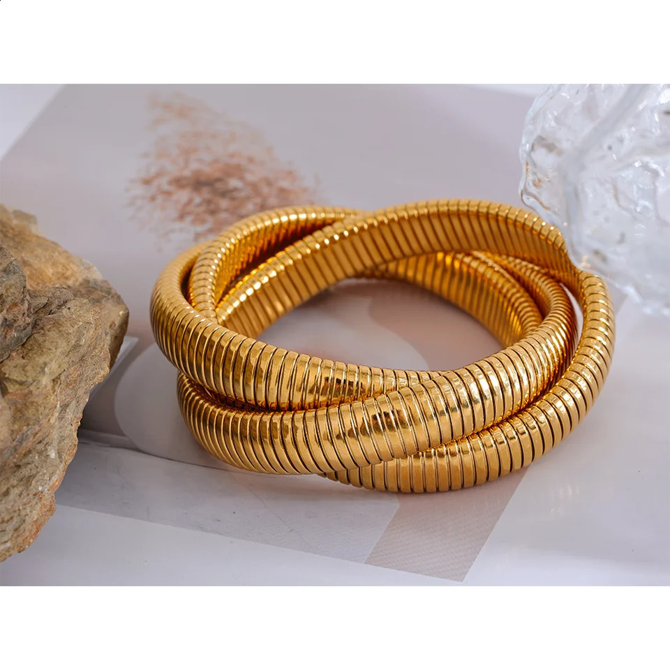 Yhpup Trendy Stainless Steel Elastic Cuban Chain Metal Punk Bracelet Bangle Gold Color Stylish Waterproof Statement Jewelry 240910