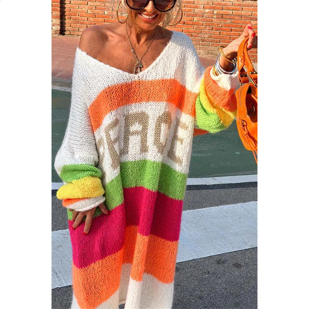 Elegant Knitted Dress For Women Long Sleeve V Neck Loose Dresses Fashion Cover Up Autumn Lady Streetwear Chic Sweater 240904
