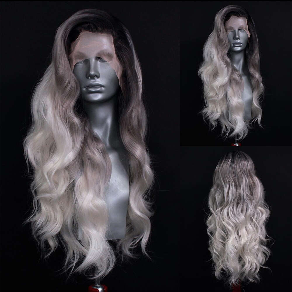 Rooted Dark Grey Into Platinum Sier Ombre Human Hair Blended Synthetic Lace Front Heat Resistant Loose Wand Wave Wig