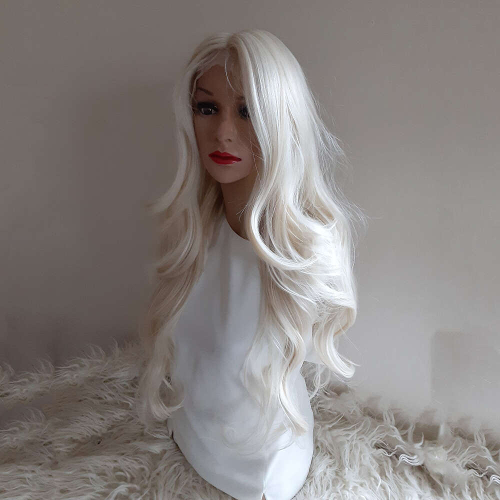 Heat Resistant Synthetic Hair Snow White Lace Front Wig Long Layered Wavy Women Wigs Perfect For Daily Use/Party Thick Density