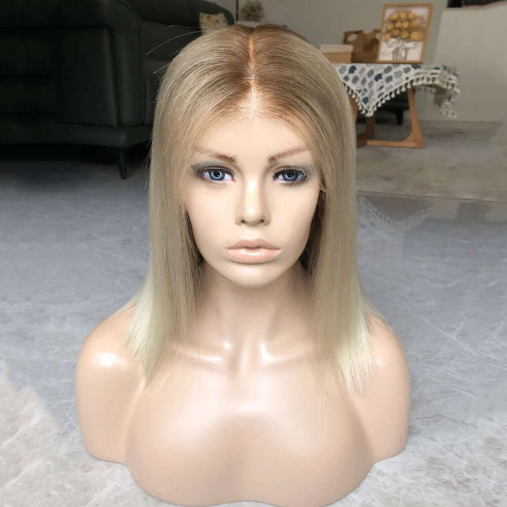 Ash Blonde Short Bob Synthetic Lace Front Wigs Silky Straight Dark Roots Melted Heat Resistant Cosplay Wig For Women