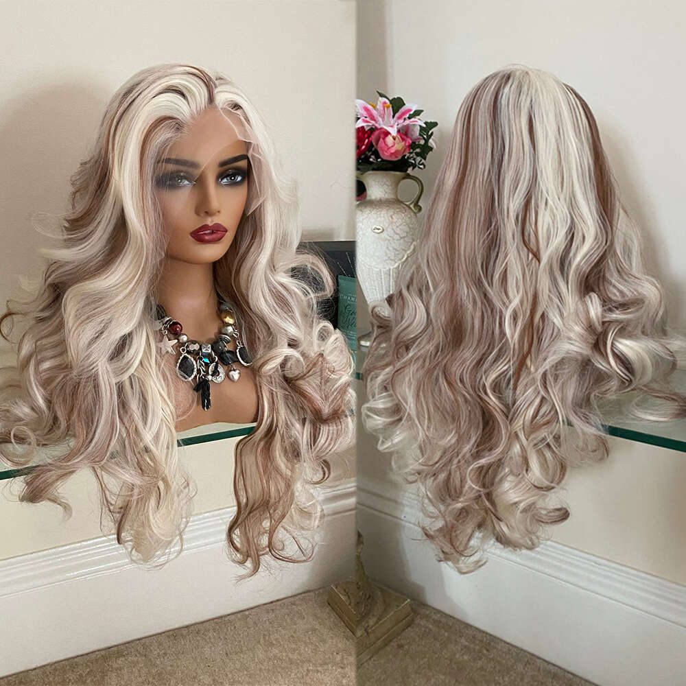 Blonde Brown Highlights Human Synthetic Mix Wigs Natural Haire 28Inch Heat Resistant Body Wave Lace Front Wig For Women