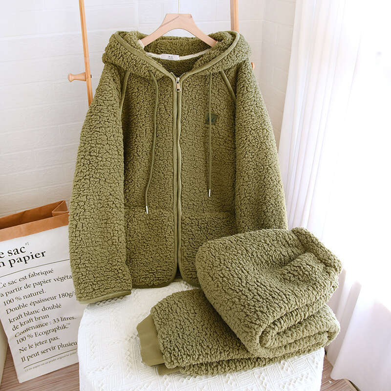 New Flanner Couple's Pama Hooded Zipper Sleeping Sleepwear Winter Underwear Set Nightie Warm Pamas Pyjamas Women