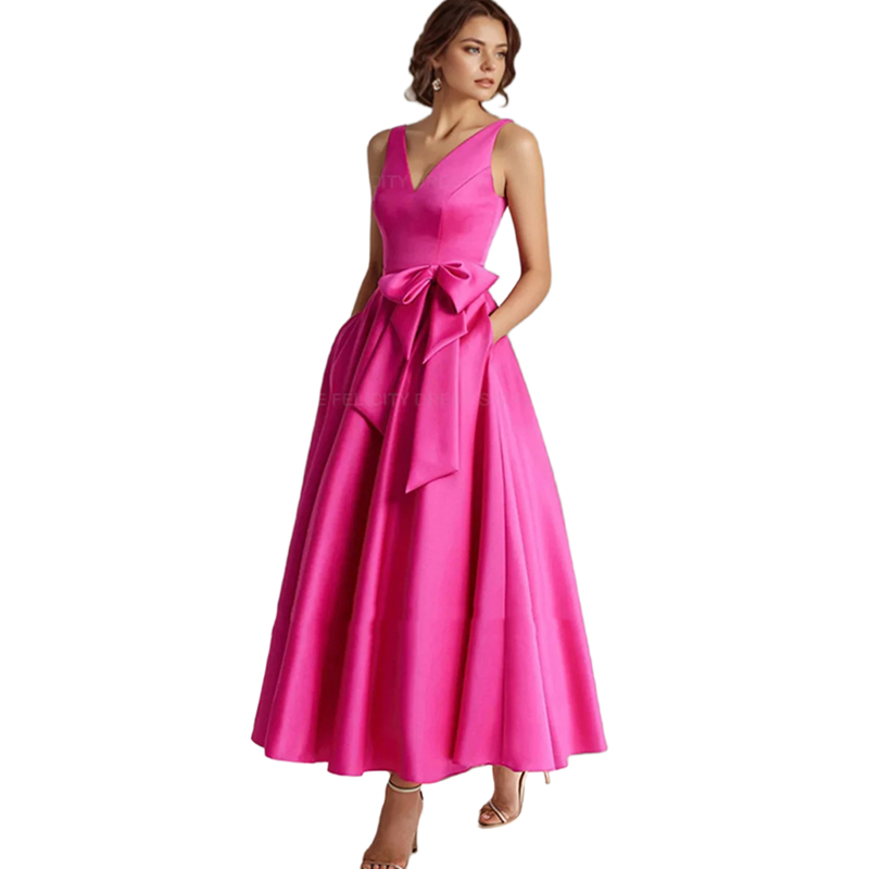 Ankle Length A Line Simple Mother Of The Bride Dresses With Pockets Bow V-Neck Sleeveless Fuchsia Satin Wedding Guest Dress Ladies Elegant Formal Part