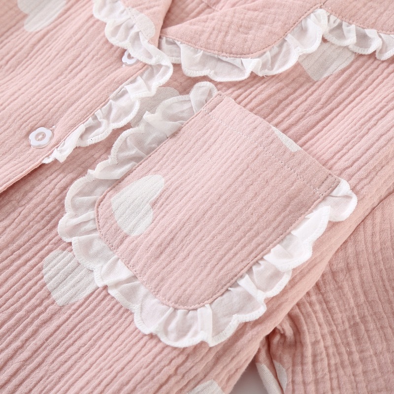 100% Cotton Gauze Summer 2-Piece Set Short-Sleeved Heart Print Ladies Pamas Women Sleepwear Of Whitelace