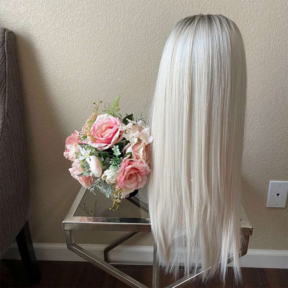 24'' Synthetic Platinum Blonde Ombre Straight 10% Human Hair Lace Front Wig Heat Resistant Fiber Daily Wear