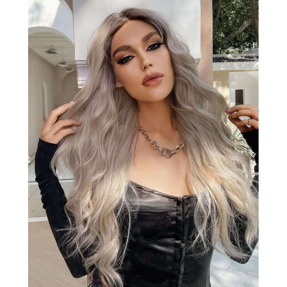 Ash Roots Loose Wave Lace Front Wig Platinum Blonde Synthetic Wigs Ombre Human Hair 5% Mixed Daily/Cosplay Heat Resistant