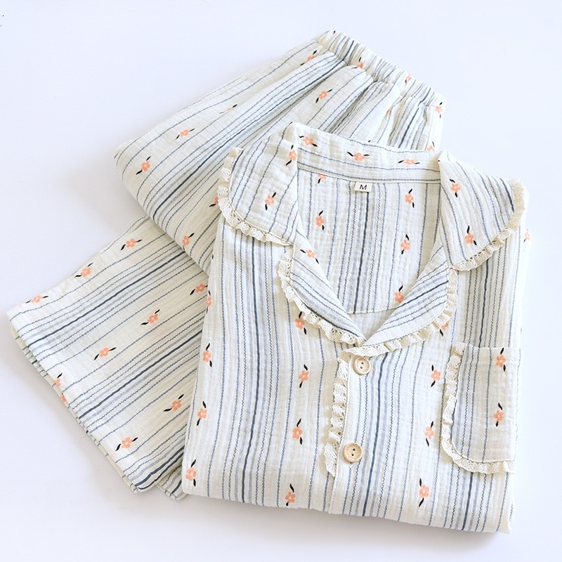 100% Cotton Gauze Women Pamas 2024 New Spring/Autumn Sleepwear Female 2 Piece Set Nightwear Lady Pyjamas Loungewear
