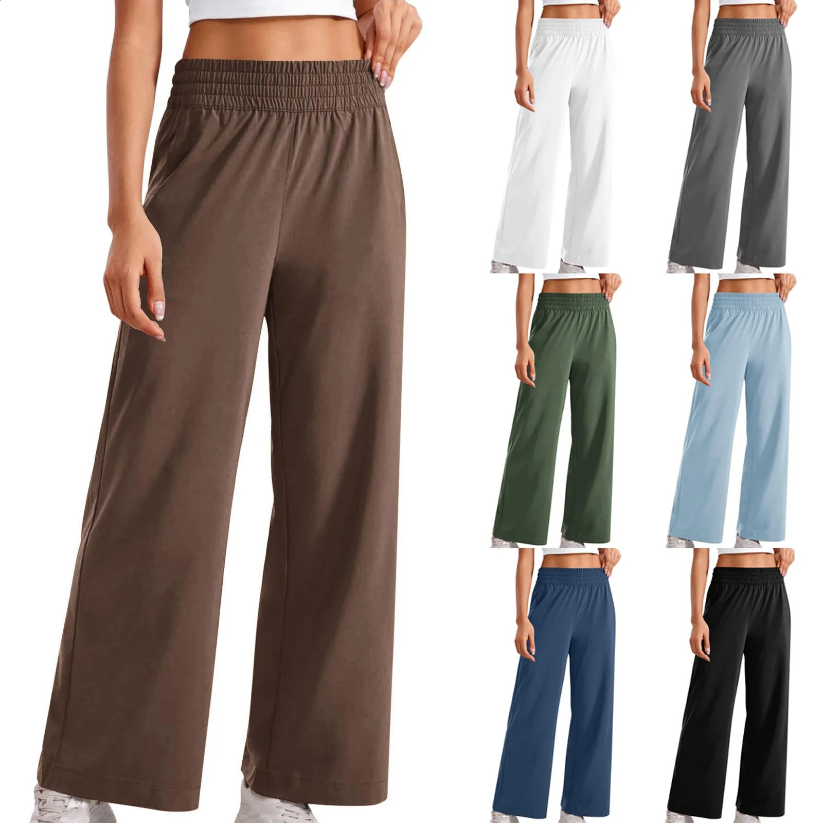 Womens Elastic Waist Casual Sports Pants Active Wide Strap Pocket Leg Trousers 240913