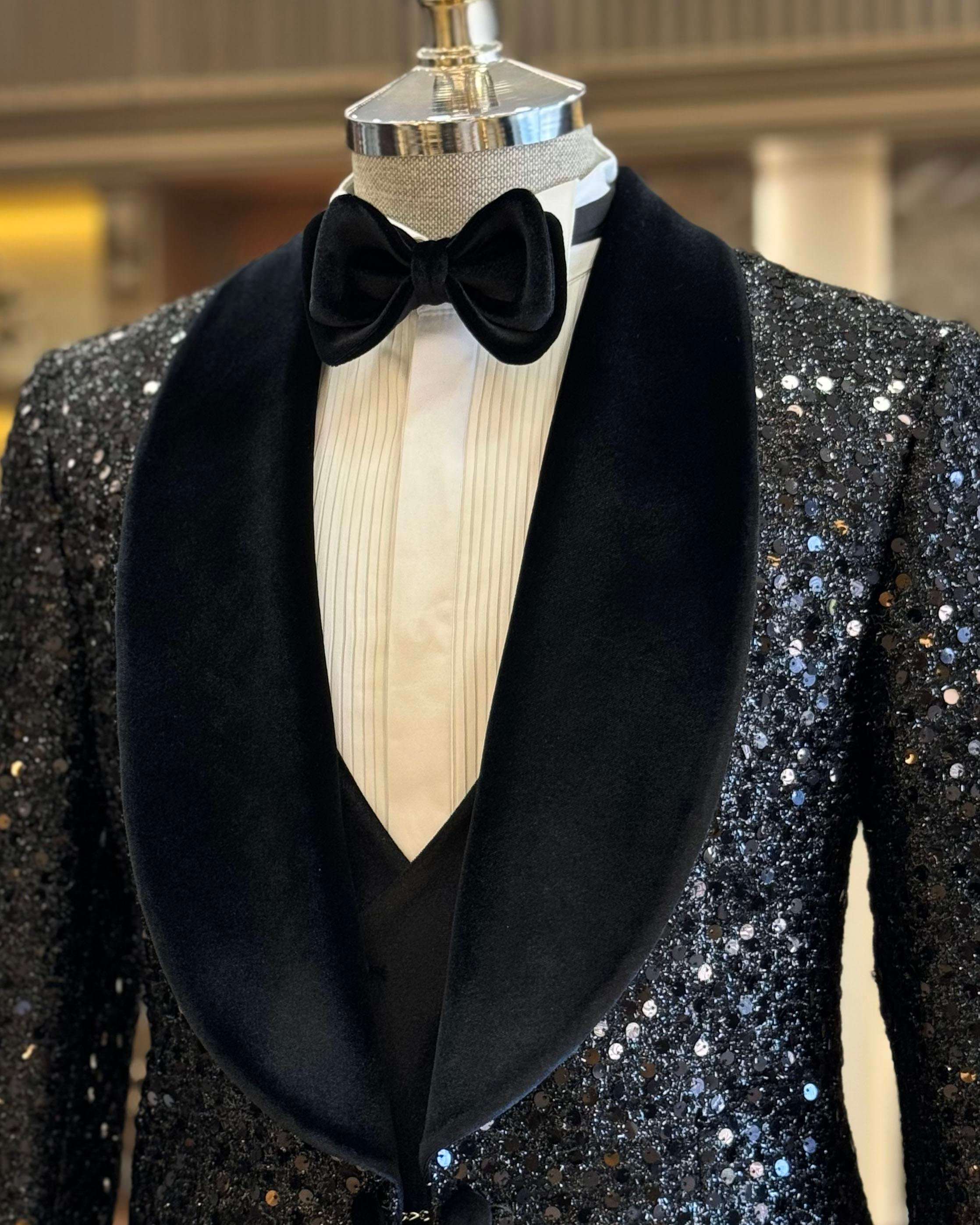 Sequined Mens Wedding Velvet Shawl Lapel One Button Jacket Pants Suits 2 Pieces Birthday Party Prom Formal Groom Wear