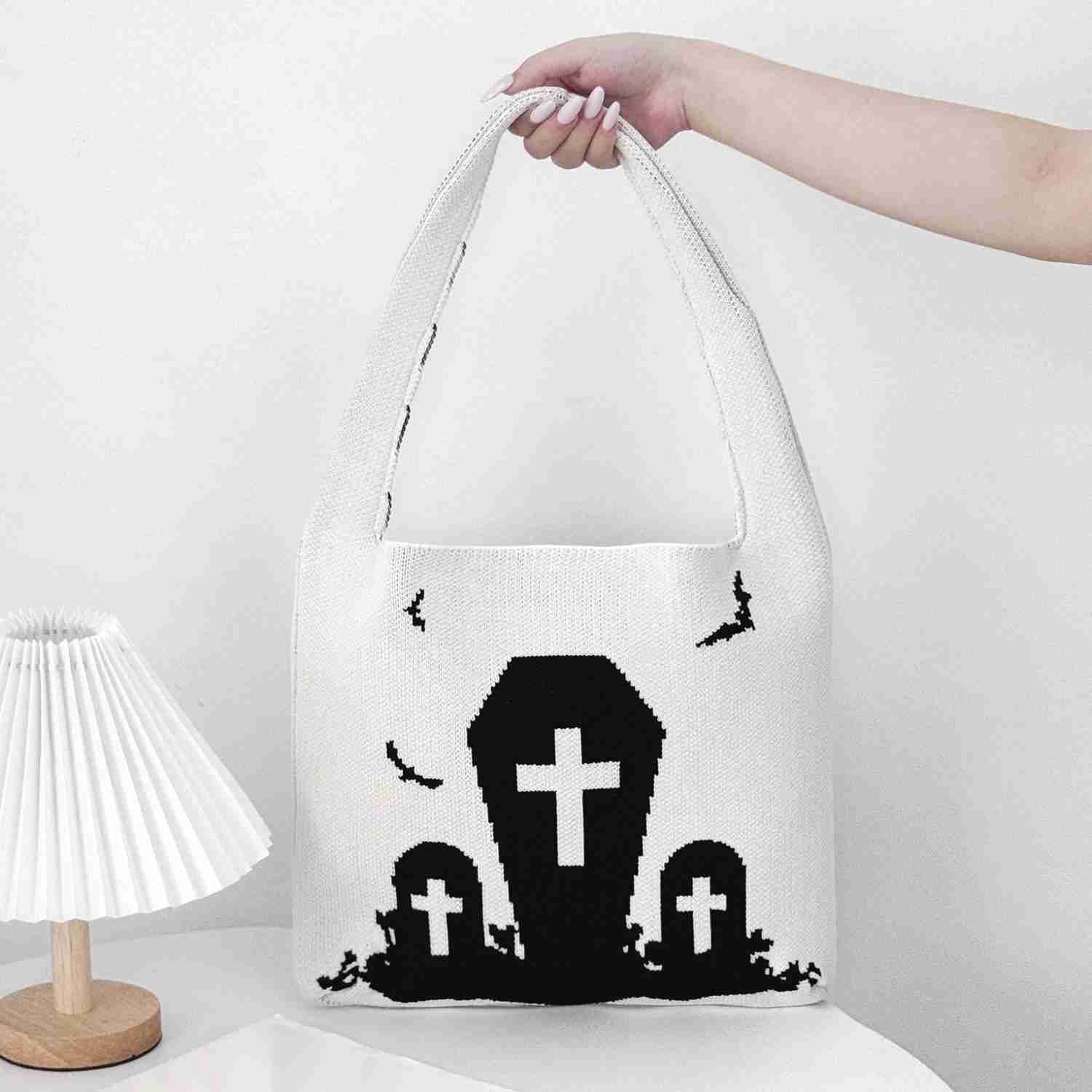 CMM Halloween Creative Funny Cemetery Tombstone Shoulder Bag Woolen Womens Bag Woven Cartoon Knitted Bag
