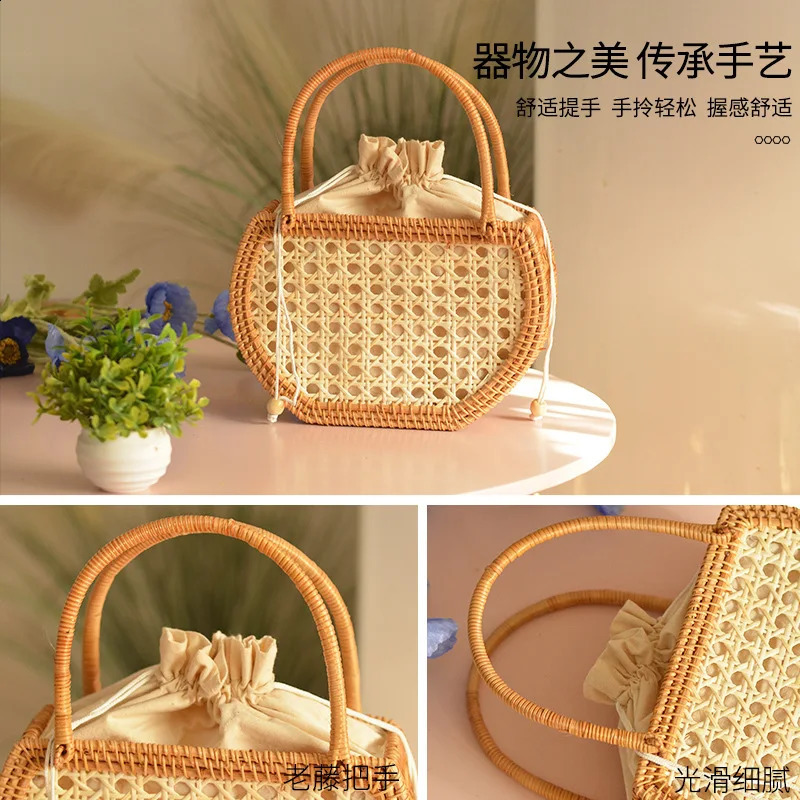 Leisure Hollow Lattan Basket Bag Willow Womens Handbag Handmade Summer Beach Straw Mini Bucket 240913
