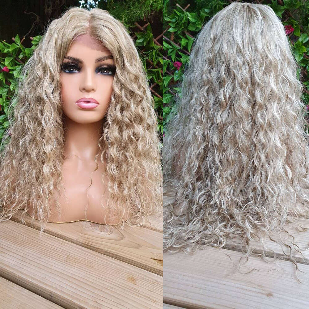 Heat-Resistant Fiber Ashy Blonde Mixed Lace Front Synthetic Long Curly Wig Women Human Hair Wigs Daily Party Wearing Curls